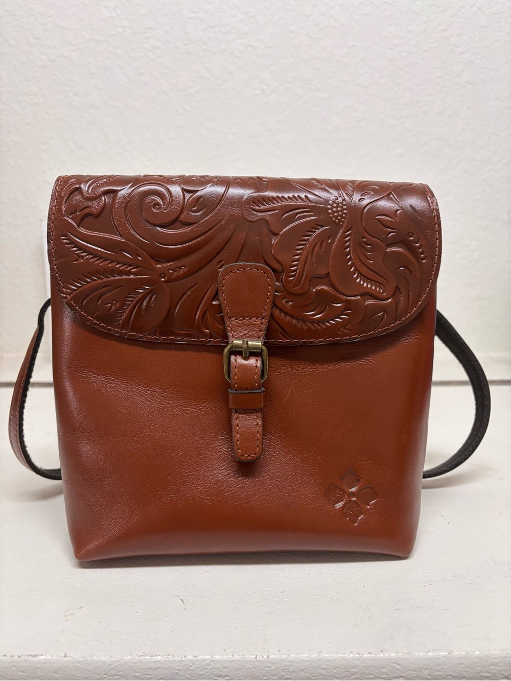 Patricia Nash Embossed Floral Flap Crossbody - Cognac Brown